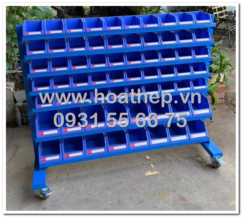 kệ dụng cụ 7 tầng, kệ có bánh xe, kệ 64 khay, kệ di động 1300x400x1000, kệ khay trung và nhỏ, sơn tĩnh điện màu xanh dương